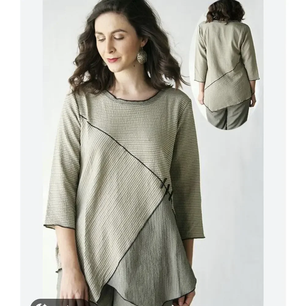 Habitat Tunic Top Green Striped Textured Chopstick Buttons Lagenlook Artsy XL - Picture 4 of 7